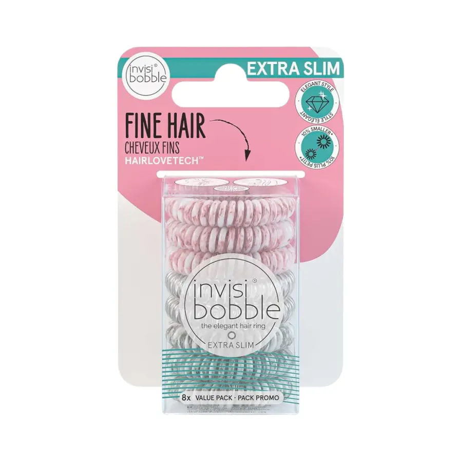 Invisibobble Extra Slim Hair Rings for Women with Fine Thin Hair – 8 Pack of Spiral Hair Ties (Light Pink, Silver, and Grey)